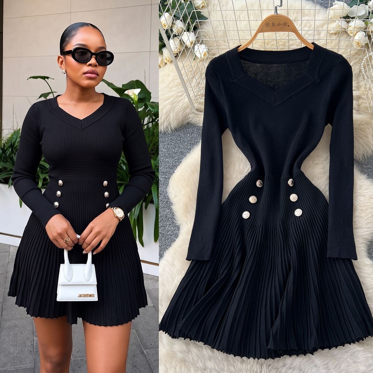 Robe pull plissée à boutons