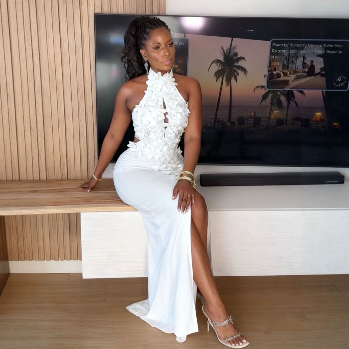 Robe longue fleurs 3D fendue