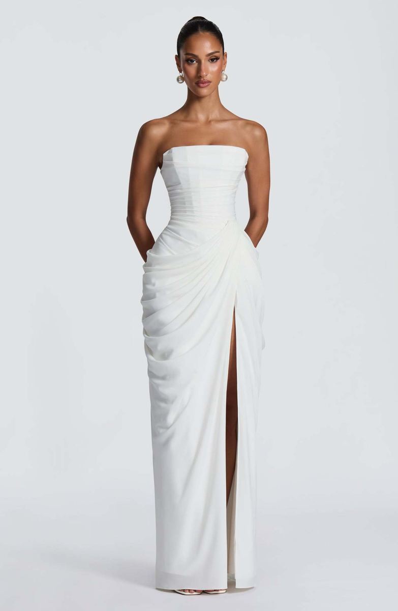 Robe longue bustier drapée fendue