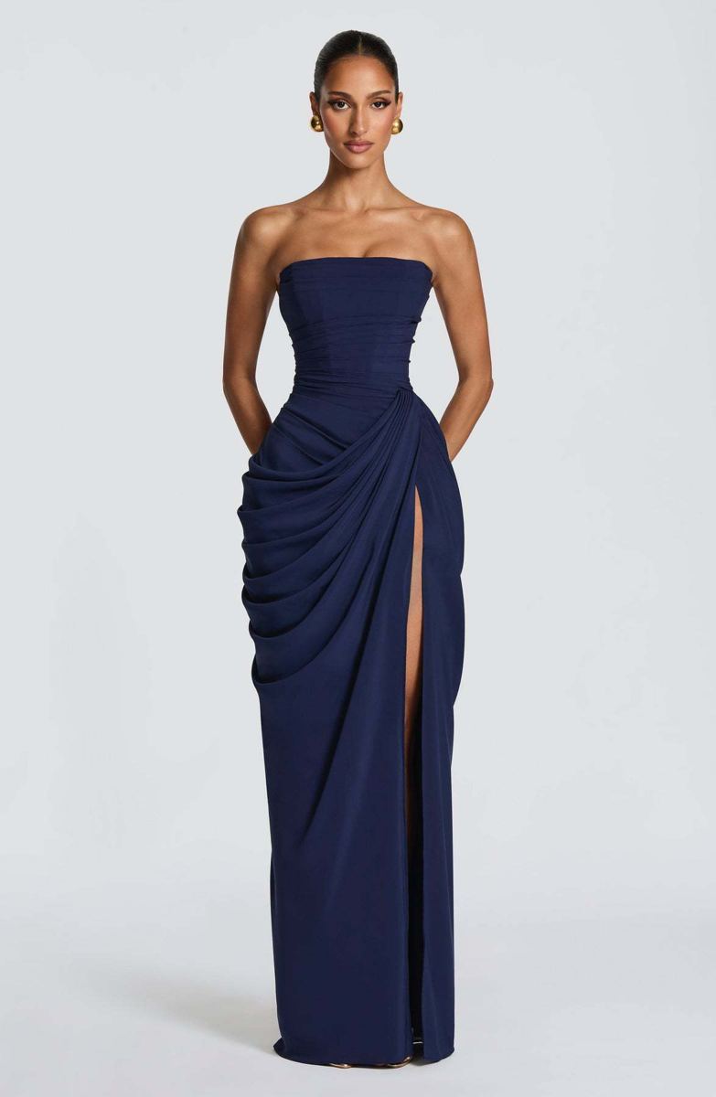 Robe longue bustier drapée fendue