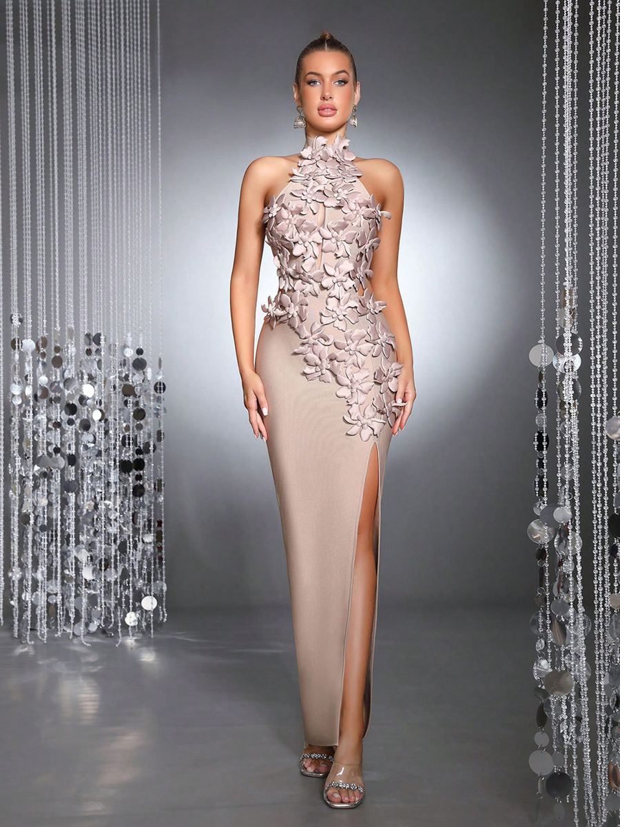Robe longue fleurs 3D fendue
