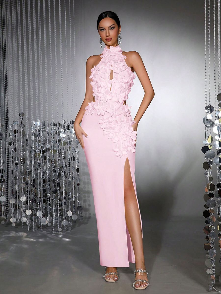 Robe longue fleurs 3D fendue
