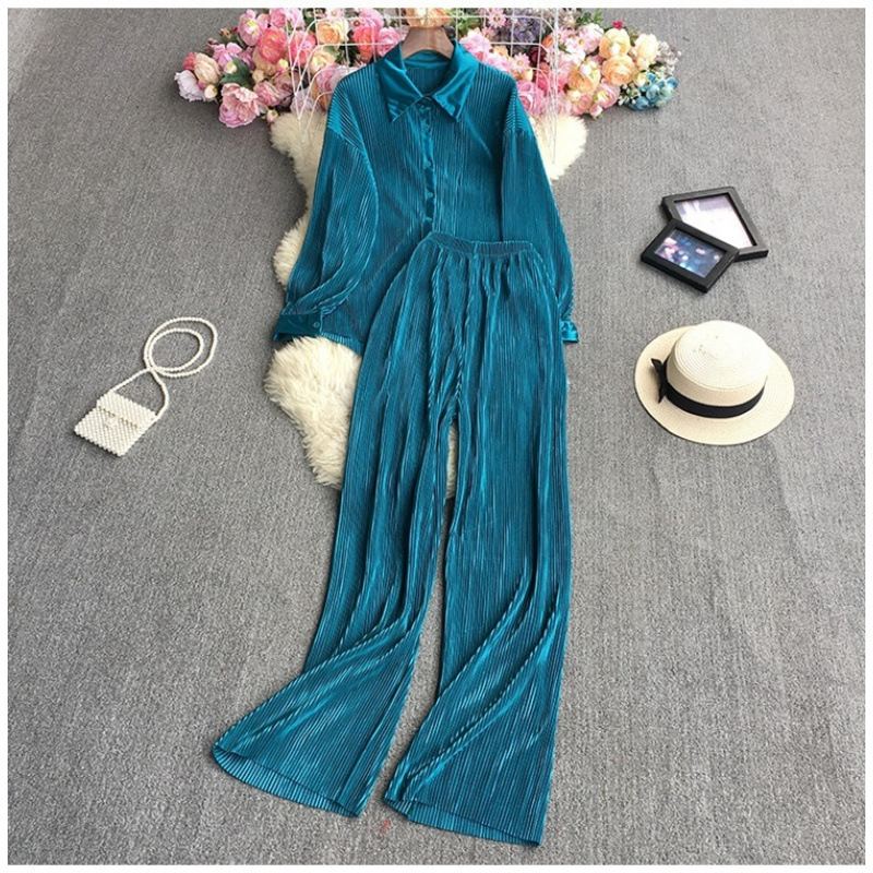 Ensemble chemise et pantalon large plissé, 20 coloris