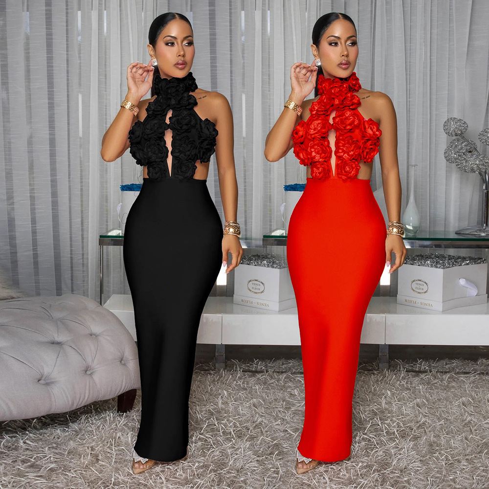 Robe longue roses 3D dos nu