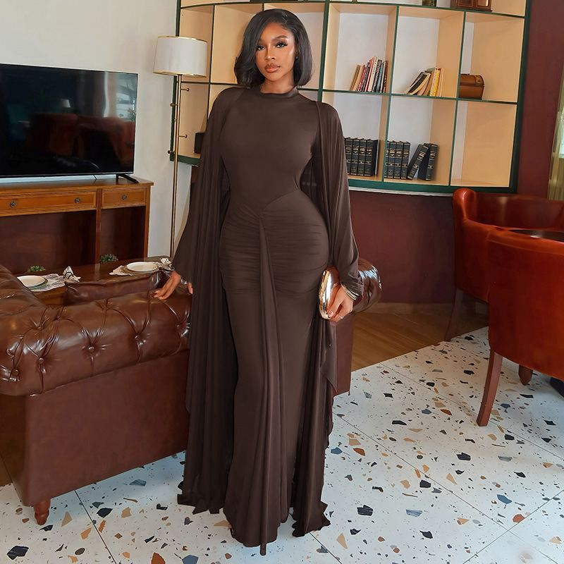 Robe longue manches cape drapées