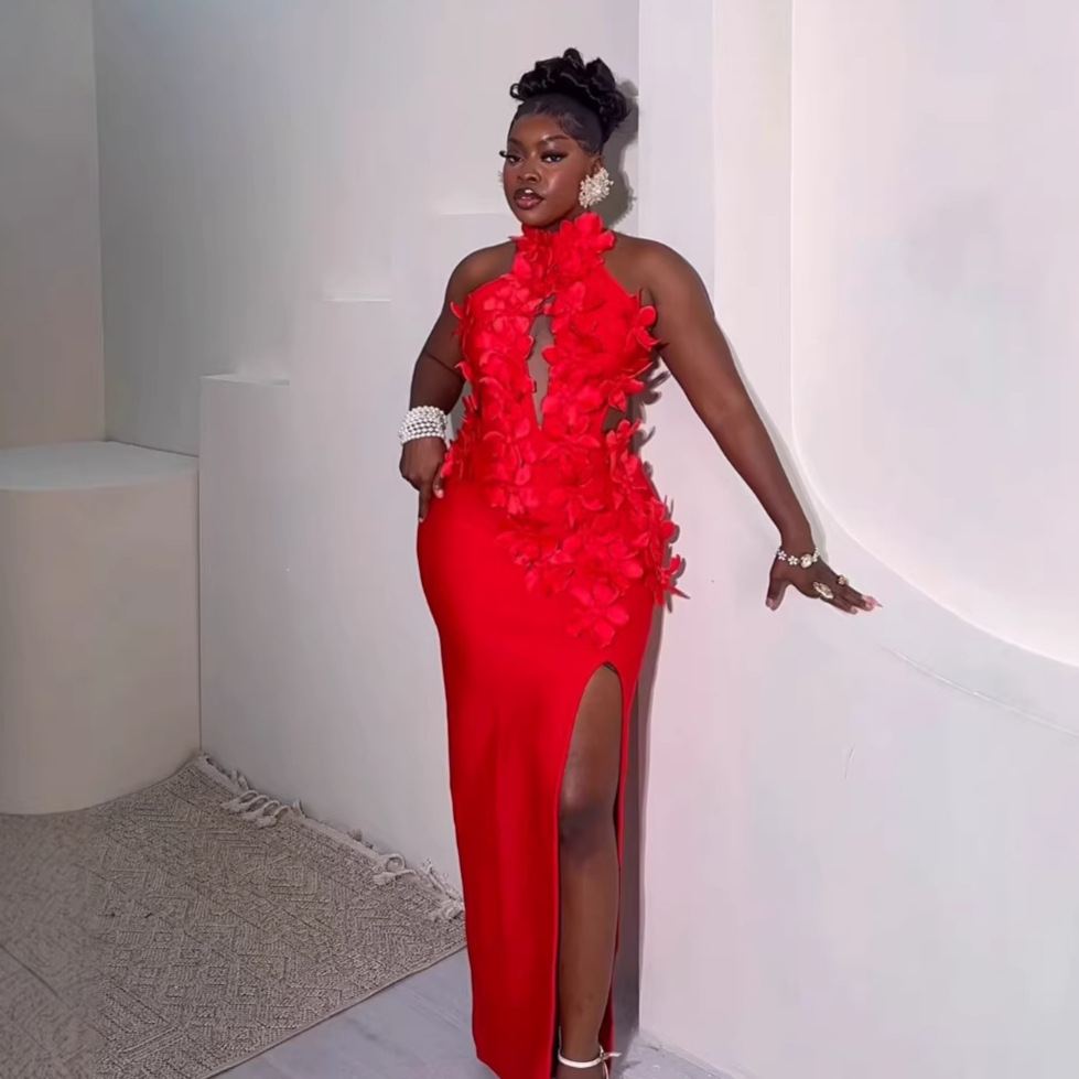 Robe longue fleurs 3D fendue