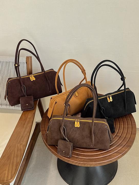 Sac épaule rétro en daim avec mini pochette, 3 coloris