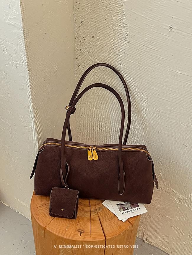 Sac épaule rétro en daim avec mini pochette, 3 coloris