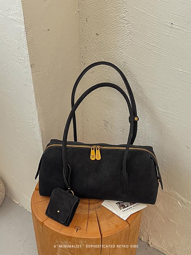 Sac épaule rétro en daim avec mini pochette, 3 coloris