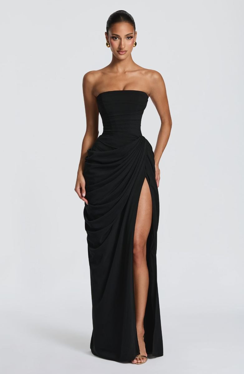 Robe longue bustier drapée fendue