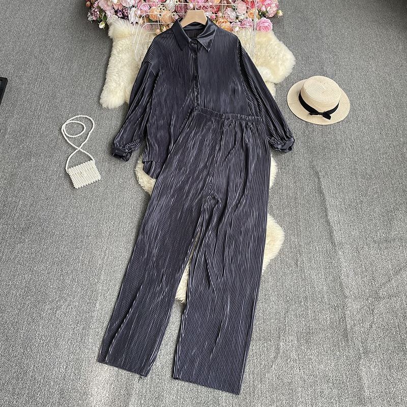 Ensemble chemise et pantalon large plissé, 20 coloris